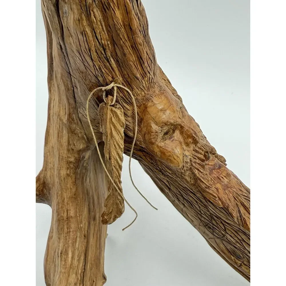 Hand Carved Wood Old Man Face w Feather Spirit Tree Sculpture Figure 12”x10” VTG